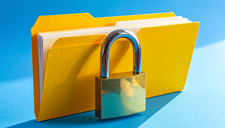 A bright yellow folder filled with documents is secured with a brass padlock against a vibrant blue background.の素材