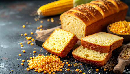 A sliced loaf of golden corn bread sits with scattered corn kernels and a wooden scoop on a dark, textured surface.の素材