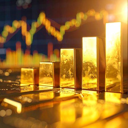 Gold bars displayed in ascending order with a colorful, blurred stock market graph in the background, representing financial progress.の素材