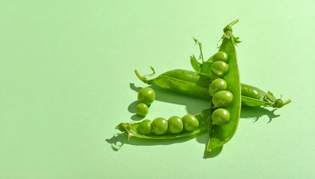 Two opened green pea pods with peas scattered around them on a light green surface, casting distinct shadows.の素材