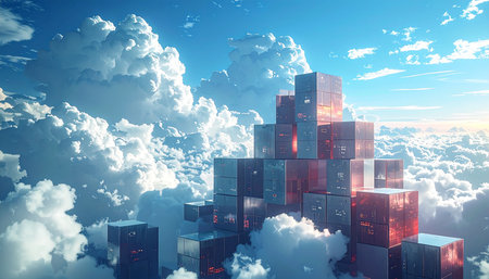 A tower of digital cubes rises through a cloudy sky, bathed in the warm light of a sunrise.の素材