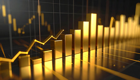 A golden bar chart is presented with a dynamic line graph against a dark grid background, illustrating financial data.の素材