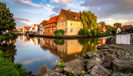 Historic European buildings with red roofs stand along a calm canal, their warm reflections shimmering in the water during a soft sunset.の素材