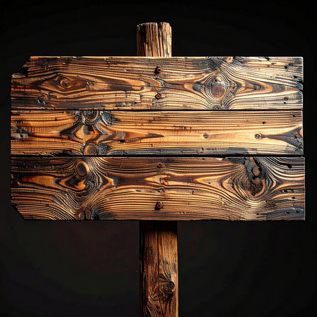 A rustic, burnt wooden signpost with three weathered planks attached to a wooden post, set against a dark background.の素材