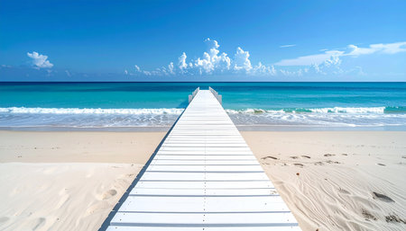 A white wooden pier leads across a sandy beach to the ocean with gentle waves and a bright blue sky filled with clouds.の素材