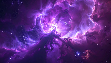A vibrant purple nebula glows with bright light and scattered stars against the dark expanse of deep space.の素材