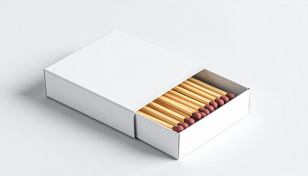 A white cardboard matchbox with wooden matches inside, featuring red striking heads, isolated on a white background.の素材