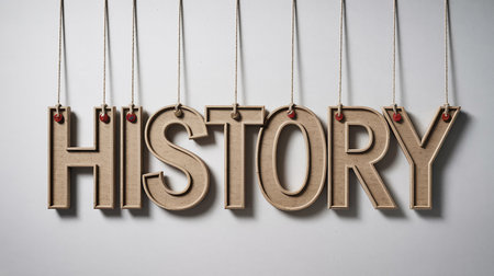 Wooden letters spelling HISTORY are suspended by strings against a white backgroundの素材