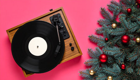A black vinyl record on a wooden turntable is placed on a pink background with a fir branch and red and gold Christmas ornaments.の素材