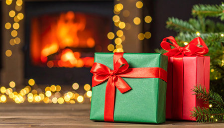 A green and a red Christmas gift with red ribbons are displayed on a wooden surface with a fireplace and bokeh lights in the background.の素材