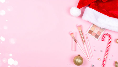 Year showing festive christmas makeup flat lay with santa hat and ornaments keywords: christmas, makeup, flat lay, santa hat, candy cane, brushes,...の素材