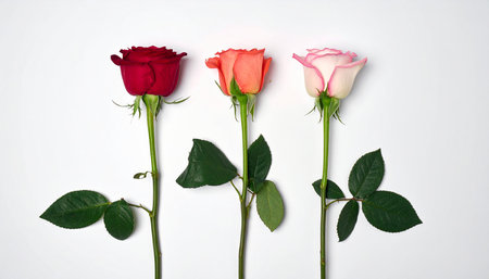 Three single stemmed roses in red, coral, and light pink are arranged horizontally on a plain white background.の素材