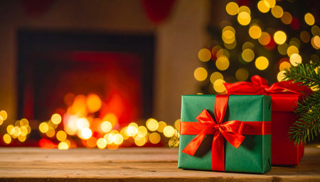 A single green Christmas gift with a red ribbon is placed on a wooden table, with a warm fireplace and bokeh lights in the background.の素材