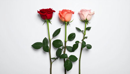 Three single roses in red, coral, and light pink hues are arranged vertically on a white background.の素材