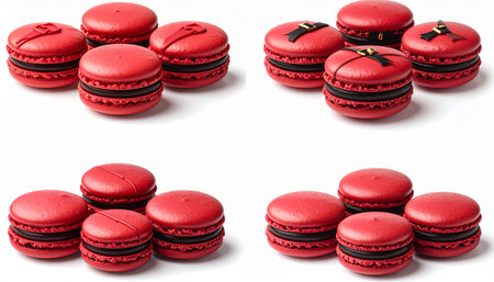 Four distinct arrangements of red macarons featuring dark filling and various festive decorations like belts, buckles, and bows on a white background.の素材