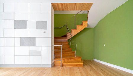 Building showing modern wooden staircase with green walls and white tiled wall interior design keywords: interior, staircase, wooden, modern,...の素材