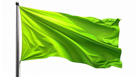 A bright green flag made of fabric waves dynamically on a metal pole against a stark white background.の素材