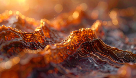 An abstract, close-up view of layered organic material with intricate textures, illuminated by warm, glowing golden light.の素材