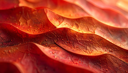 Close-up view of wavy red leaves with glistening water droplets, illuminated by warm golden light.の素材