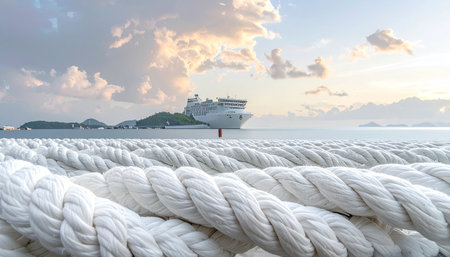Thick white rope lies in the foreground with a large ship sailing on calm water under a cloudy sunset sky.の素材