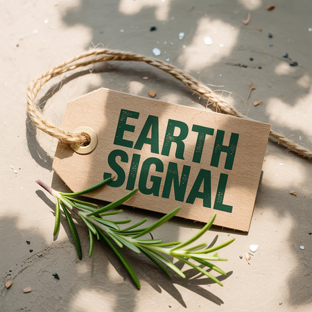 A kraft paper tag with green text EARTH SIGNAL and a rosemary sprig on a textured surface.の素材