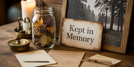 A mason jar with leaves, a candle, letters, and a framed photo create a sentimental keepsake display.の素材