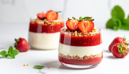 Two layered strawberry and cream desserts in glasses, garnished with fresh berries and mint, with whole strawberries nearby.の素材