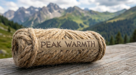 A spool of thick jute rope with "Peak Warmth" text sits on a wooden surface with mountains in the background.の素材