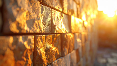 A stone wall illuminated by the bright golden light of a sunset, creating a warm glow and bokeh effect.の素材