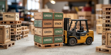 A yellow forklift stands next to stacks of green and brown wooden crates in a warehouse.の素材