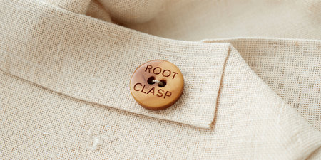 A wooden button with ROOT CLASP engraved is on a textured beige fabric Clear details and vibrant colors enhanc...の素材