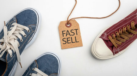 Two pairs of canvas sneakers and a price tag with text FAST SELL on a white background.の素材