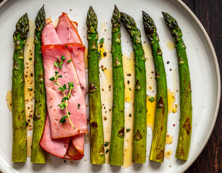 Zdrhfyjfj showing close-up of ham wrapped asparagus with drizzled sauce and herbs keywords: asparagus, ham, wrapped, food, dish, meal, appetizer,...の素材