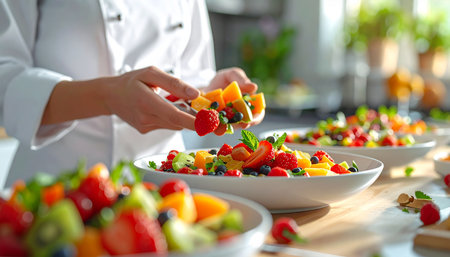 A chef's hands are shown arranging a vibrant fruit salad in white bowls, with more bowls of salad in the background.の素材