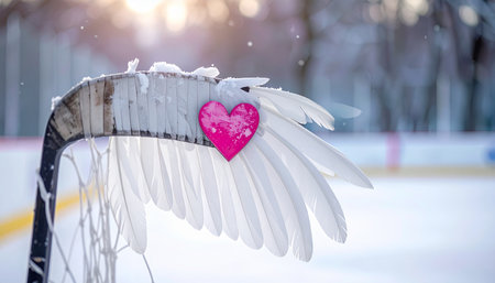Pink showing pink heart and white feathers adorn a hockey goal net in winter snow keywords: hockey, goal net, winter, snow, ice rink, feathers,...の素材