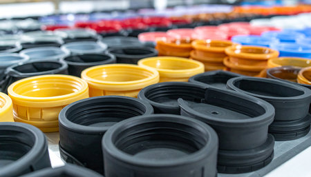 A variety of colorful plastic caps and components are displayed in orderly rows on a factory table.の素材