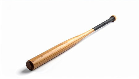 A wooden baseball bat featuring a black grip is presented on a white background with a soft shadow.の素材
