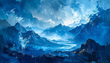 An expansive blue mountain range with misty valleys and a winding river, showcasing a serene and atmospheric winter landscape.の素材