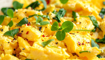Scrambled eggs with spinach and microgreens, seasoned with pepper flakes, in a close up view.の素材