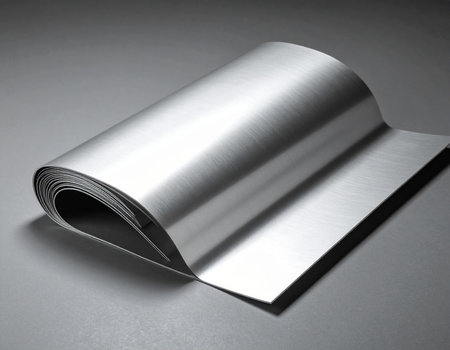 A sheet of brushed aluminum is loosely rolled and unfurling, revealing its metallic surface and texture with soft light and gentle shadows.の素材