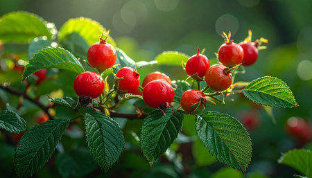 Close-up of bright red berries clustered on a green leafy branch, illuminated by soft sunlight with a blurred bokeh background.の素材