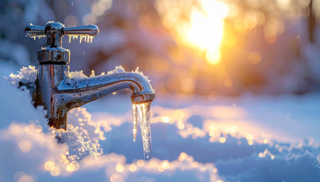 A silver water faucet is covered in snow and icicles, with water dripping, set against a blurred sunset.の素材