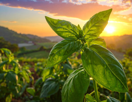 A basil plant's leaves are backlit by a dramatic sunset, with rolling hills and fields visible in the soft evening light.の素材
