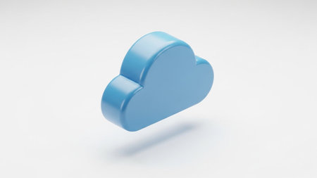 A simple 3D blue cloud icon floats on a white background, casting a soft shadow below. Clear details and vibrant colors enhance visual appeal.の素材