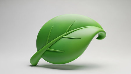 A 3D rendered green leaf icon with visible veins and a smooth, rounded shape against a light, neutral background.の素材