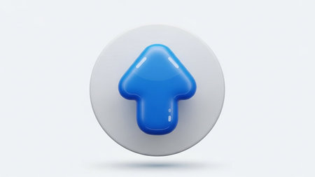 (135) showing blue up arrow icon on white circular button. High resolution image suitable for commercial use.の素材