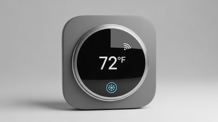 Keywords: showing modern smart thermostat displaying 72 degrees fahrenheit with wi- fi and snowflake icons keywords: thermostat, smart home,...の素材