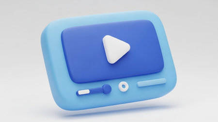 A 3D rendered blue media player interface features a prominent white play button icon and playback controls.の素材