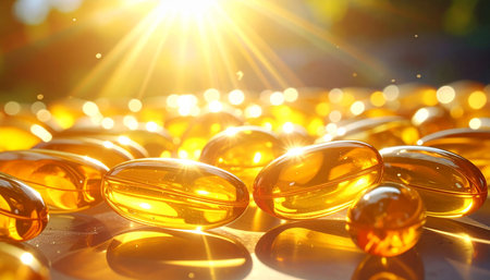 Golden gel capsules illuminated by bright sunlight with a bokeh effect in the backgroundの素材