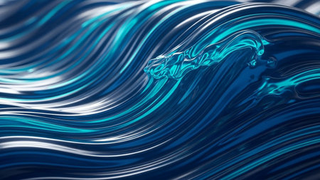 A close-up abstract view of a dynamic blue wave, appearing as liquid metal or glass with intricate ripples.の素材